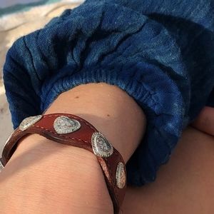 Leather Buckle Bracelet, 5 Silver Hearts